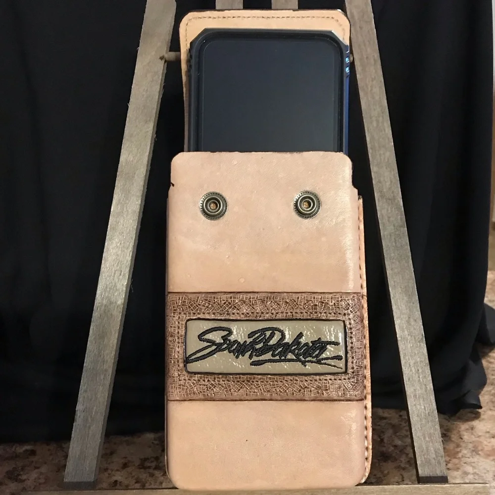 Leather Handmade Tooled Cellphone Carrier with Clip for Belt or Waistband